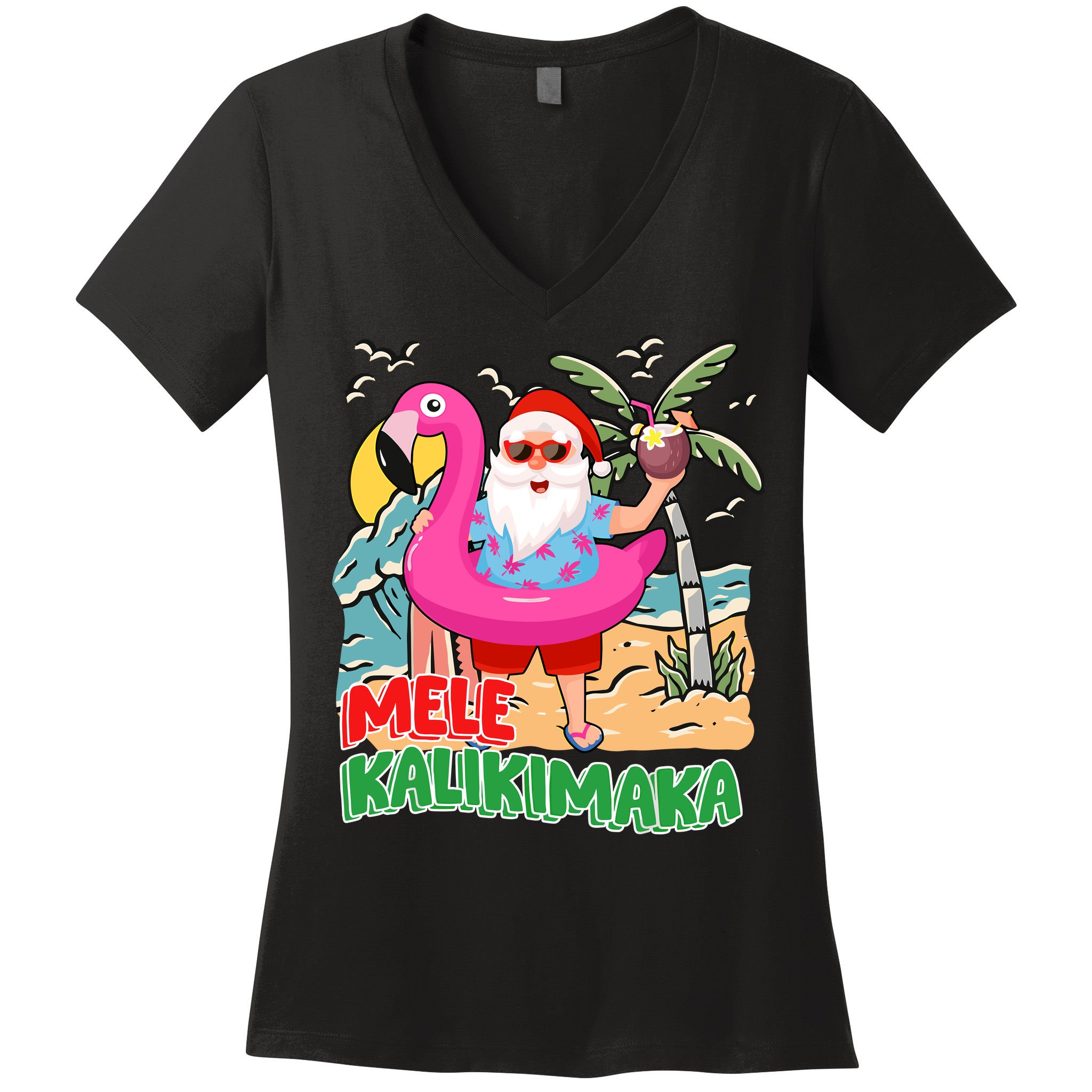 Mele Kalikimaka Hawaiian Christmas In Hawaii Beach Santa Women's V-Neck T-Shirt