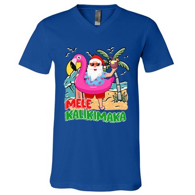 Mele Kalikimaka Hawaiian Christmas in Hawaii Beach Santa  V-Neck T-Shirt