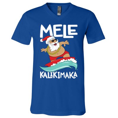 Mele Kalikimaka Hawaiian Christmas Hawaii Surfing Santa Gift V-Neck T-Shirt