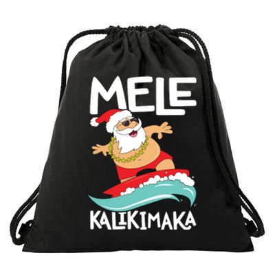 Mele Kalikimaka Hawaiian Christmas Hawaii Surfing Santa Short Sleeve Black Drawstring Bag