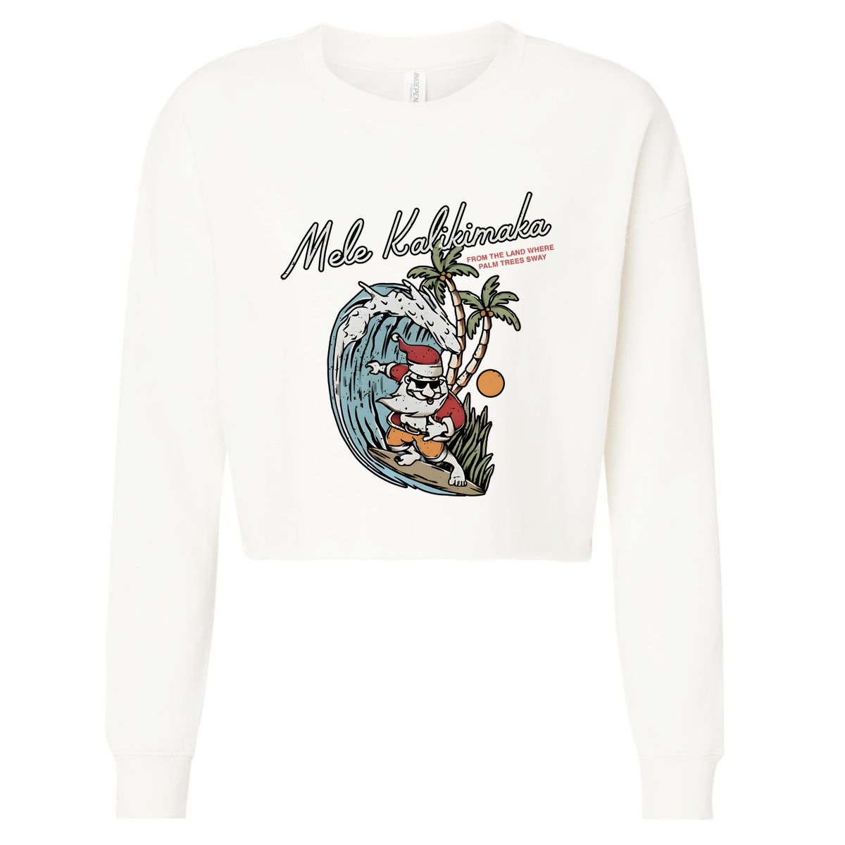 Mele Kalikimaka Hawaii Surfing Santa Christmas Hawaiian Cropped Pullover Crew