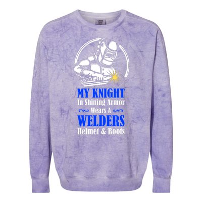 My Knight In Shining Armor Wears A Welders Helmet And Boots Colorblast Crewneck Sweatshirt