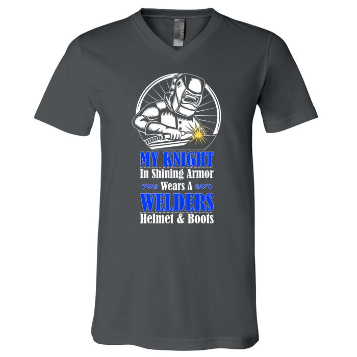 My Knight In Shining Armor Wears A Welders Helmet And Boots V-Neck T-Shirt