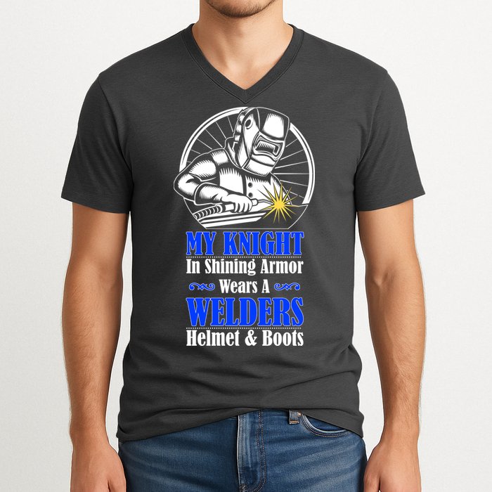 My Knight In Shining Armor Wears A Welders Helmet And Boots V-Neck T-Shirt