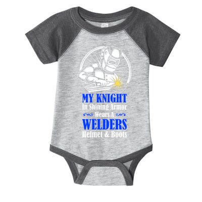My Knight In Shining Armor Wears A Welders Helmet And Boots Infant Baby Jersey Bodysuit