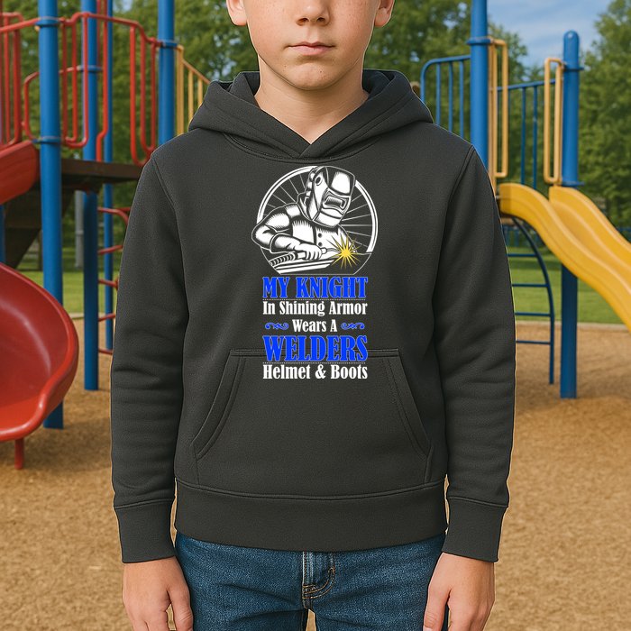 My Knight In Shining Armor Wears A Welders Helmet And Boots Kids Hoodie