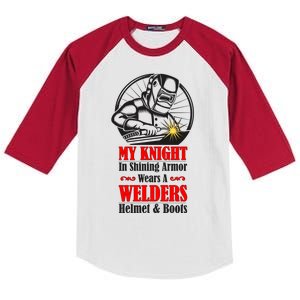 My Knight In Shining Armor Wears A Welders Helmet And Boots Kids Colorblock Raglan Jersey