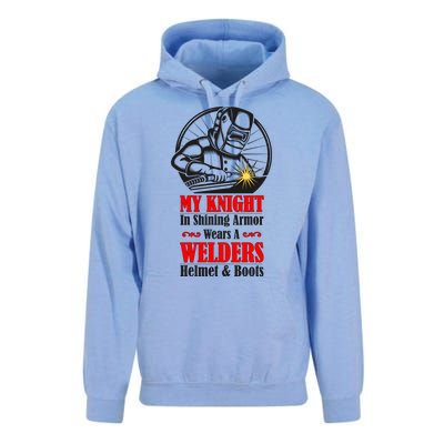 My Knight In Shining Armor Wears A Welders Helmet And Boots Unisex Surf Hoodie