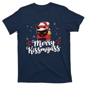 Merry Kissmyass Inappropriate Black Cat Christmas T-Shirt