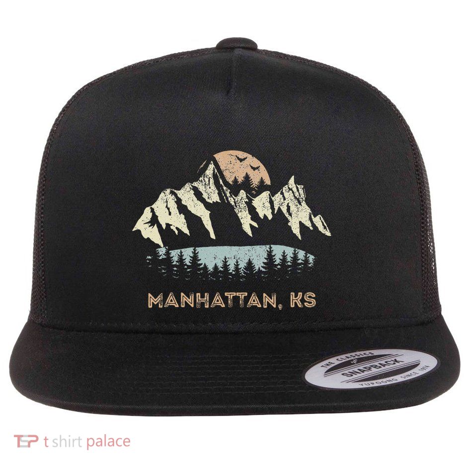 Manhattan Kansas Mountain Sunset Sunrise Ks Flat Bill Trucker Hat