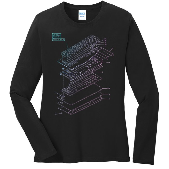 Mechanical Keyboard Patent Drawing Graphic Design Art Ladies Long Sleeve Shirt