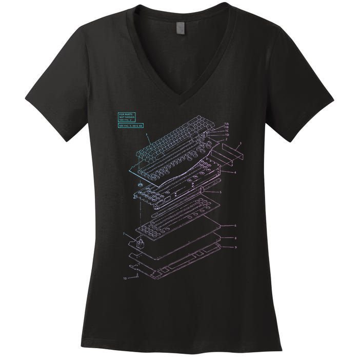 Mechanical Keyboard Patent Drawing Graphic Design Art Women's V-Neck T-Shirt