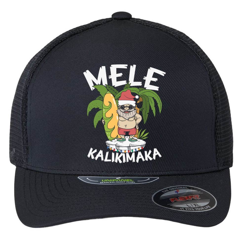 Mele Kalikimaka Palm Tree Hawaiian Christmas In July Flexfit Unipanel Trucker Cap
