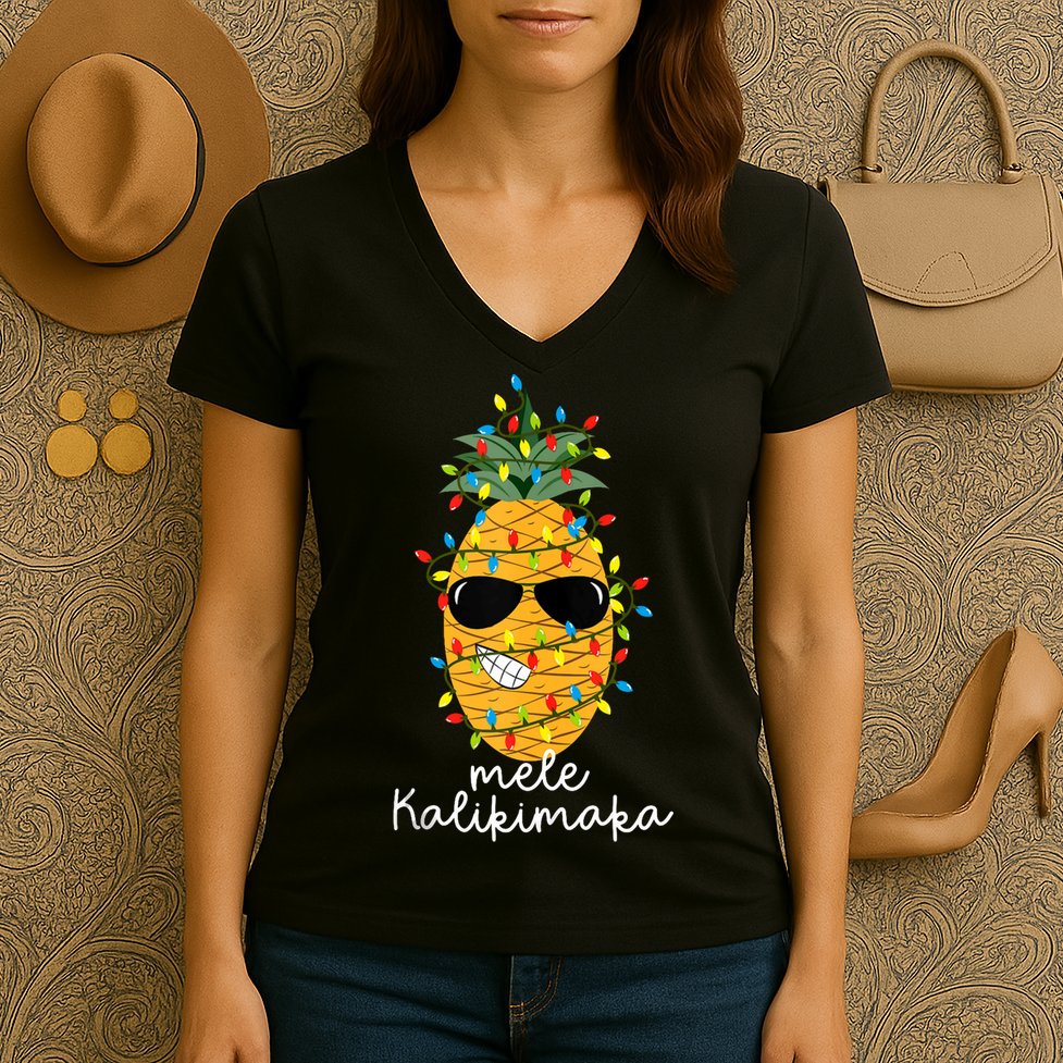 Mele Kalikimaka Pineapple Tree Hawaiian Christmas In July Tank Top Women's V-Neck T-Shirt
