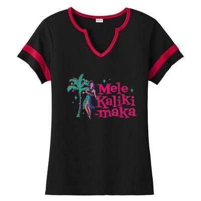 Mele Kalikimaka Retro Aloha Hula Dancer Girl Hawaiian Xmas Ladies Halftime Notch Neck Tee