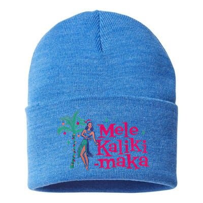 Mele Kalikimaka Retro Aloha Hula Dancer Girl Hawaiian Xmas Sustainable Knit Beanie