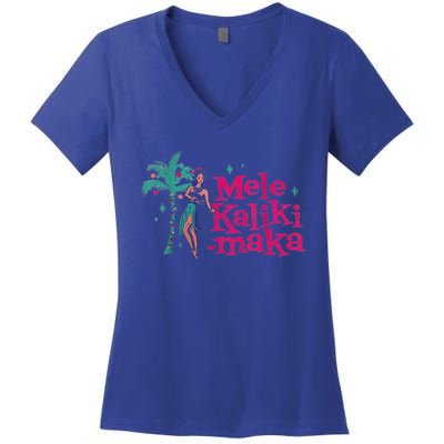 Mele Kalikimaka Retro Aloha Hula Dancer Girl Hawaiian Xmas Women's V-Neck T-Shirt