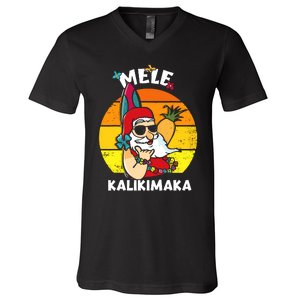 Mele Kalikimaka Retro Tropical Christmas Santa Rock Roll V-Neck T-Shirt