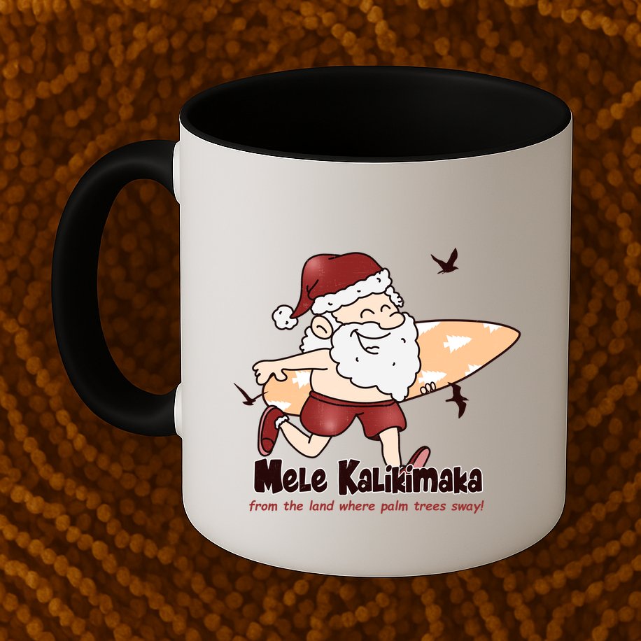 Mele Kalikimaka Santa Claus Surfing Palm Trees Christmas Mug