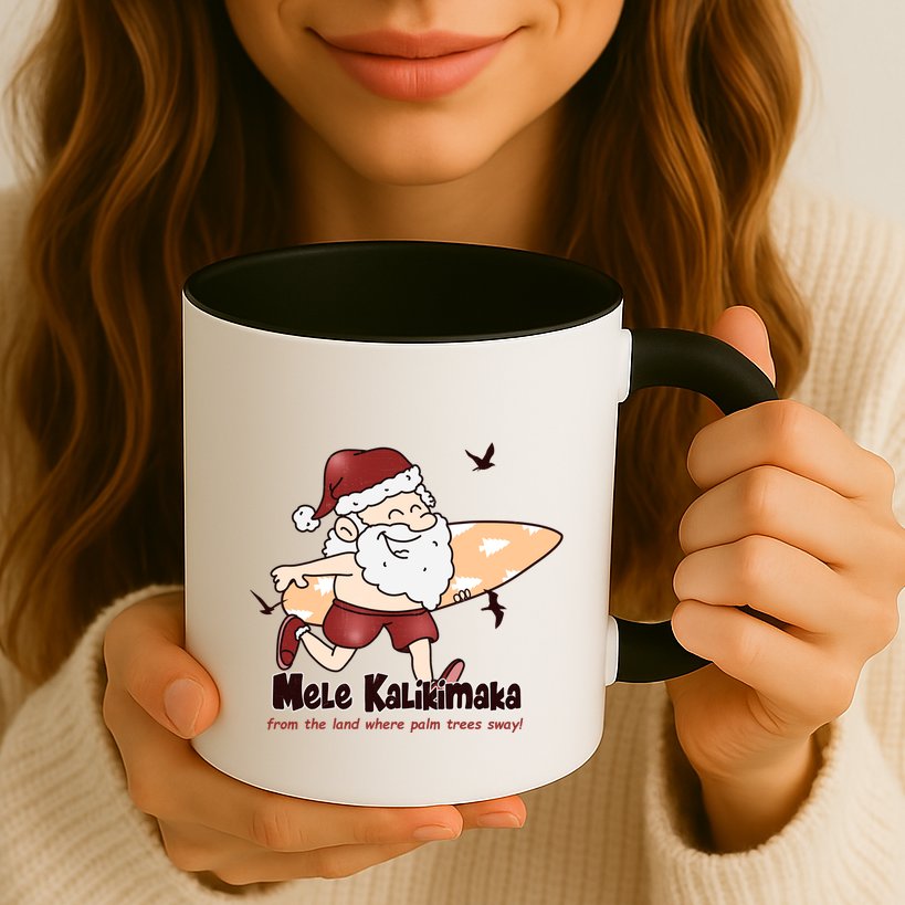 Mele Kalikimaka Santa Claus Surfing Palm Trees Christmas Mug