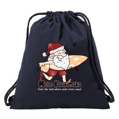 Mele Kalikimaka Santa Claus Surfing Palm Trees Christmas Drawstring Bag