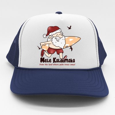 Mele Kalikimaka Santa Claus Surfing Palm Trees Christmas Trucker Hat