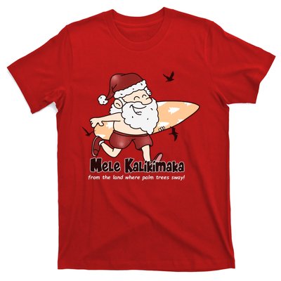 Mele Kalikimaka Santa Claus Surfing Palm Trees Christmas T-Shirt