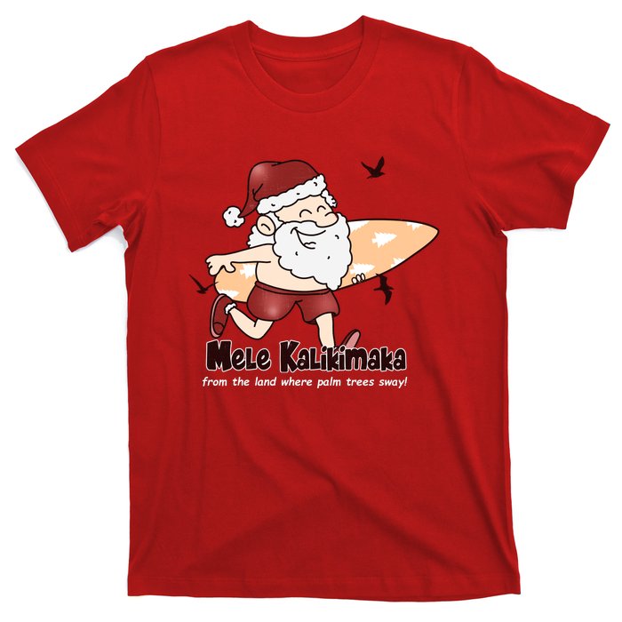 Mele Kalikimaka Santa Claus Surfing Palm Trees Christmas T-Shirt