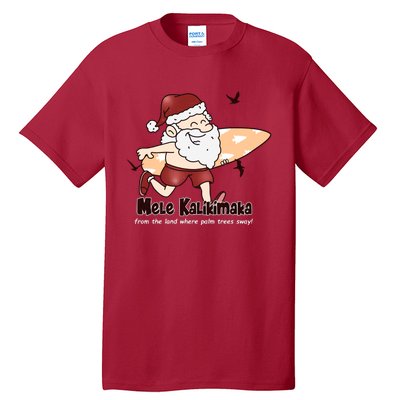 Mele Kalikimaka Santa Claus Surfing Palm Trees Christmas Tall T-Shirt