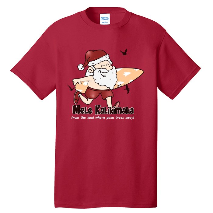 Mele Kalikimaka Santa Claus Surfing Palm Trees Christmas Tall T-Shirt