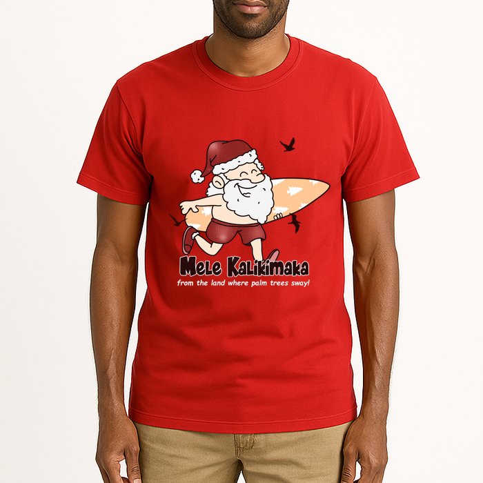 Mele Kalikimaka Santa Claus Surfing Palm Trees Christmas Tall T-Shirt