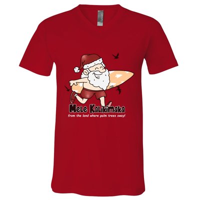 Mele Kalikimaka Santa Claus Surfing Palm Trees Christmas V-Neck T-Shirt