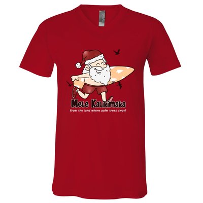 Mele Kalikimaka Santa Claus Surfing Palm Trees Christmas V-Neck T-Shirt