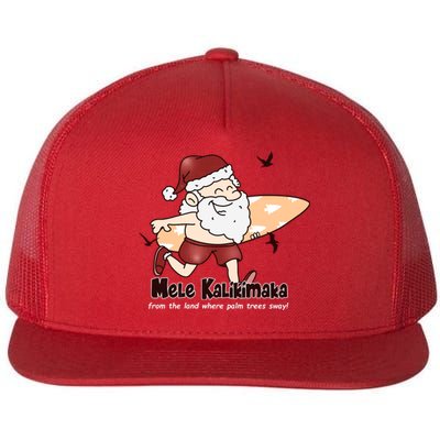 Mele Kalikimaka Santa Claus Surfing Palm Trees Christmas Flat Bill Trucker Hat