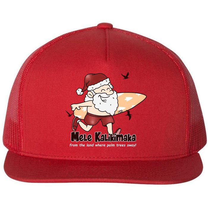 Mele Kalikimaka Santa Claus Surfing Palm Trees Christmas Flat Bill Trucker Hat