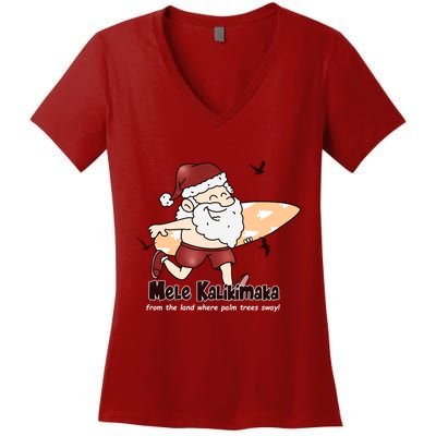 Mele Kalikimaka Santa Claus Surfing Palm Trees Christmas Women's V-Neck T-Shirt