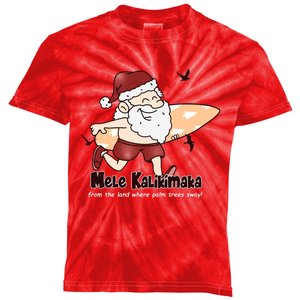 Mele Kalikimaka Santa Claus Surfing Palm Trees Christmas Kids Tie-Dye T-Shirt