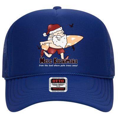 Mele Kalikimaka Santa Claus Surfing Palm Trees Christmas High Crown Mesh Back Trucker Hat