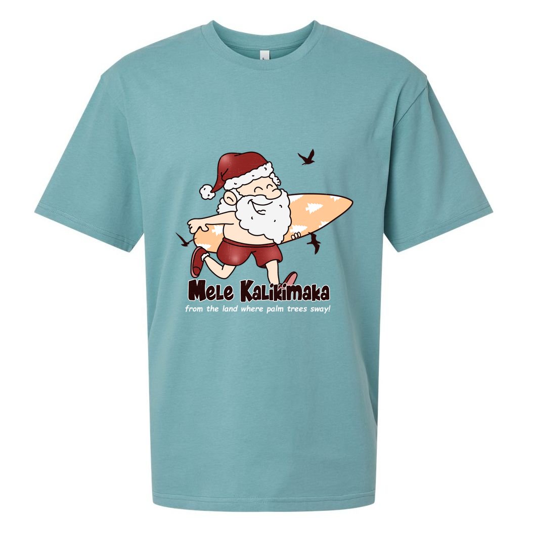 Mele Kalikimaka Santa Claus Surfing Palm Trees Christmas Sueded Cloud Jersey T-Shirt