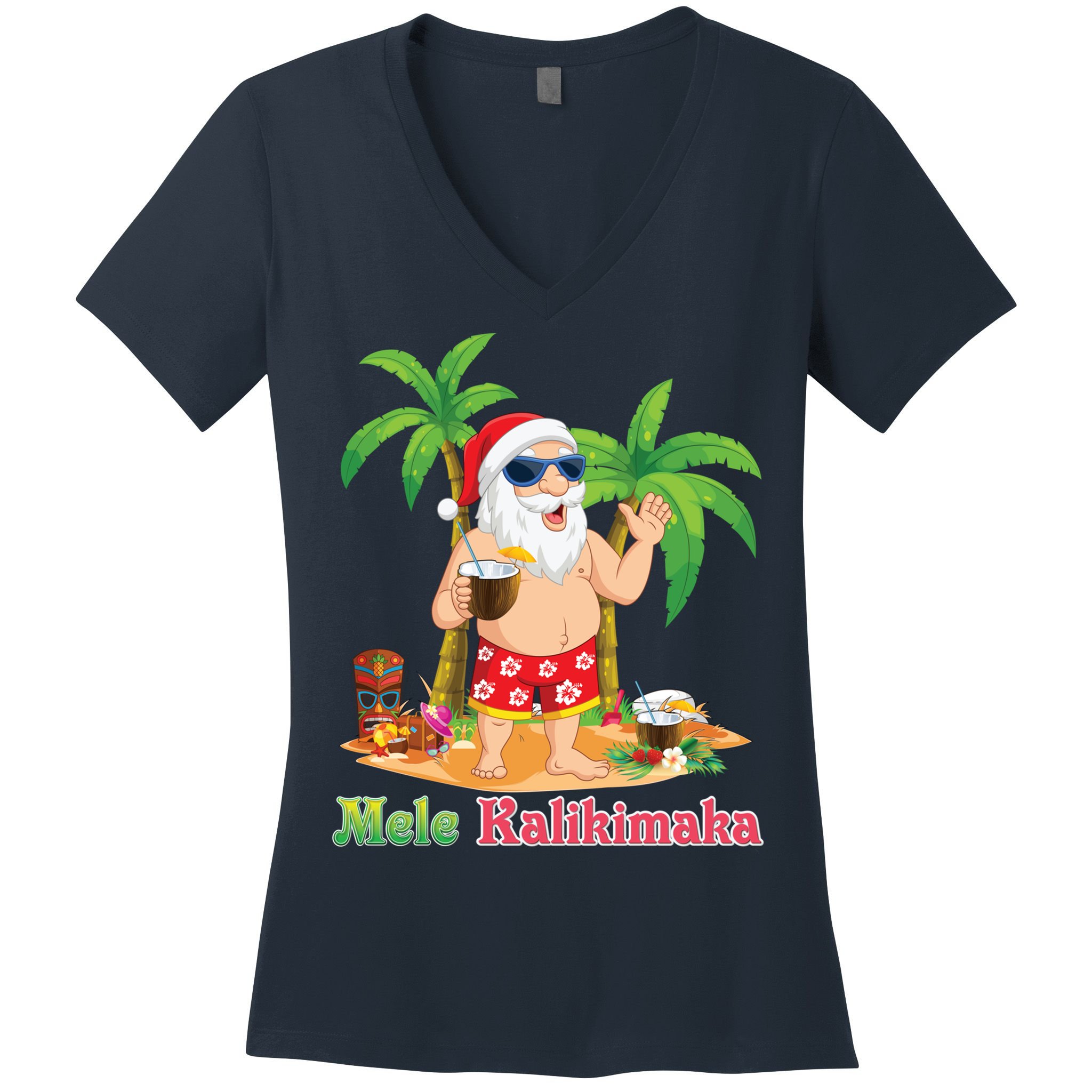 Mele Kalikimaka Santa Surfing Christmas Surf In July Merry Women's V-Neck T-Shirt
