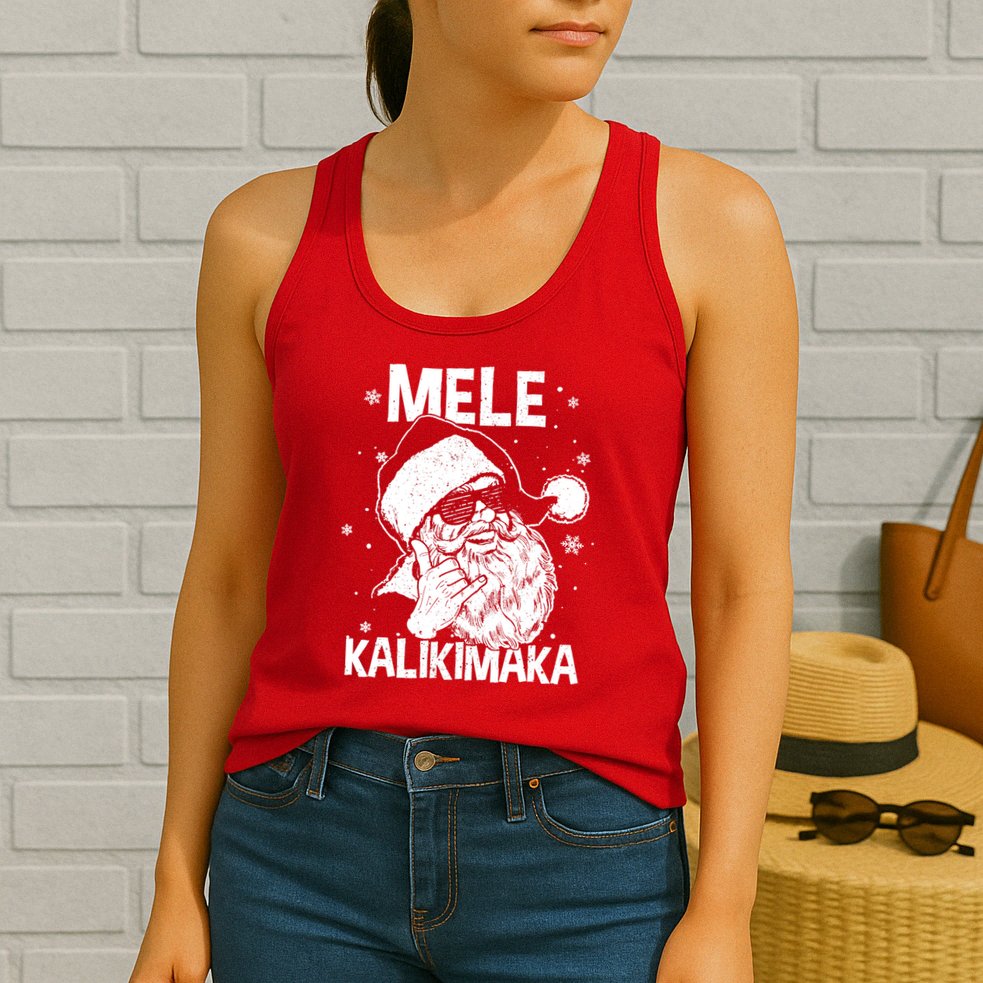 Mele Kalikimaka Santa Claus Shaka Hawaiian Christmas Hawaii Womens Tank Top