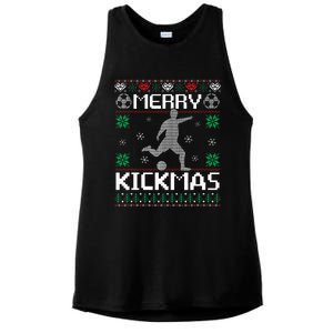 Merry Kickmas Soccer Player Sports Ugly Christmas Sweater Ladies PosiCharge Tri-Blend Wicking Tank