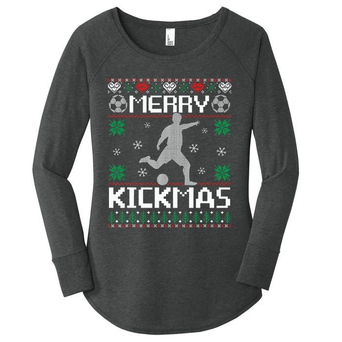 Merry Kickmas Soccer Player Sports Ugly Christmas Sweater Women's Perfect Tri Tunic Long Sleeve Shirt