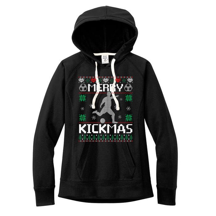 Merry Kickmas Soccer Player Sports Ugly Christmas Sweater Women's Fleece Hoodie