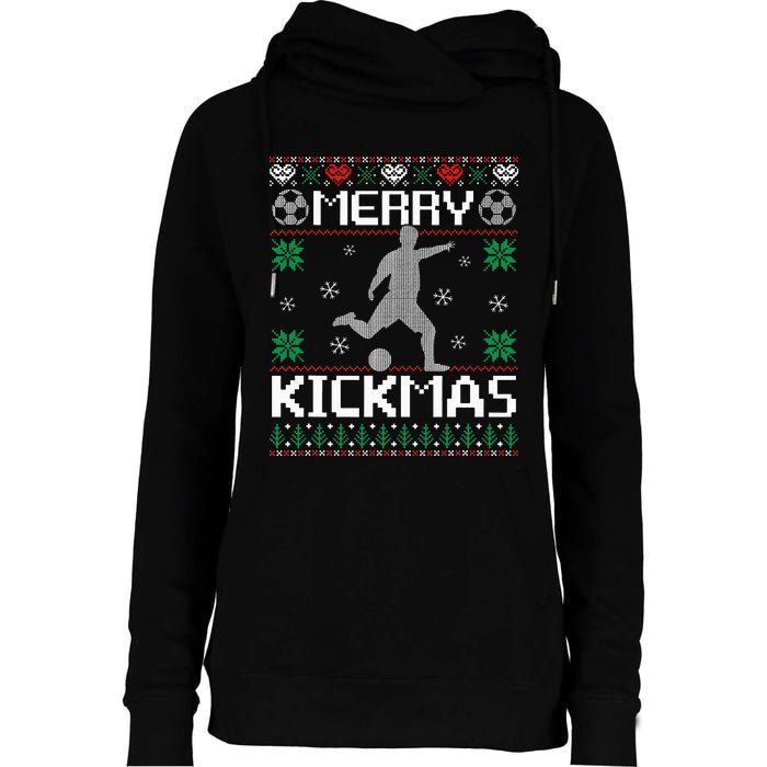 Merry Kickmas Soccer Player Sports Ugly Christmas Sweater Womens Funnel Neck Pullover Hood