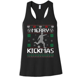 Merry Kickmas Soccer Player Sports Ugly Christmas Sweater Women's Racerback Tank