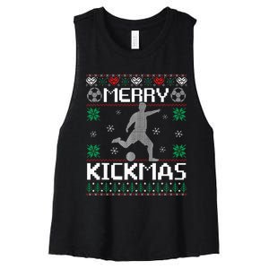 Merry Kickmas Soccer Player Sports Ugly Christmas Sweater Women's Racerback Cropped Tank