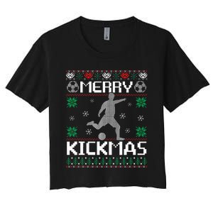 Merry Kickmas Soccer Player Sports Ugly Christmas Sweater Women's Crop Top Tee