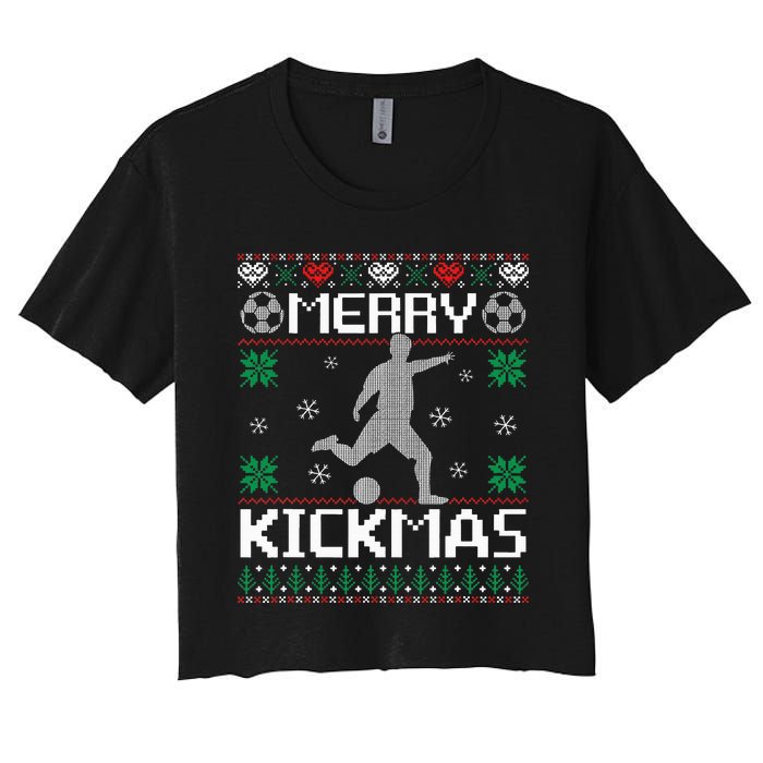 Merry Kickmas Soccer Player Sports Ugly Christmas Sweater Women's Crop Top Tee