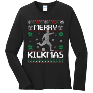 Merry Kickmas Soccer Player Sports Ugly Christmas Sweater Ladies Long Sleeve Shirt